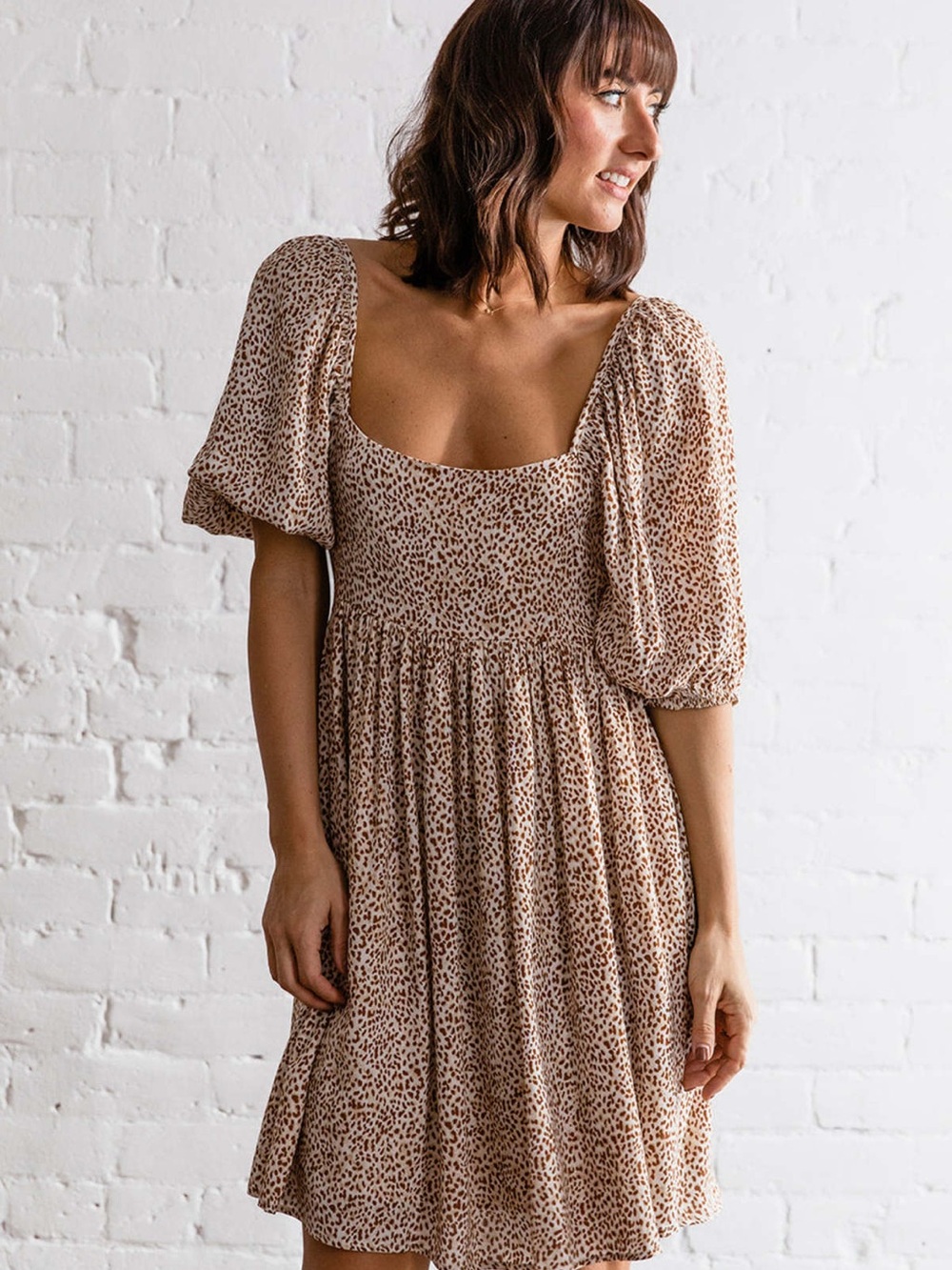 By Together Leopard Print Square Neck Puff Sleeve Mini Dress in Beige Medium